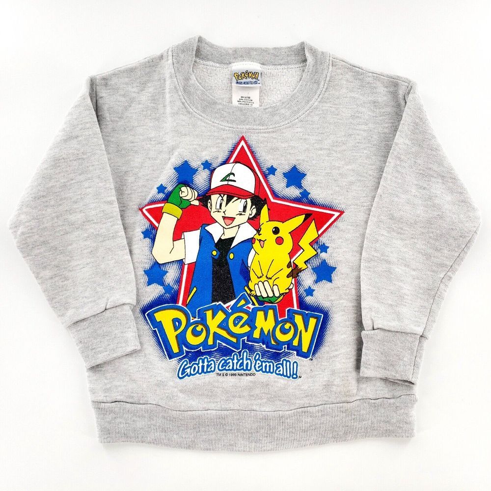 Vtg 1999 Nintendo Pokemon Ash & Pikachu Pullover Sweatshirt Kids 4 Gray